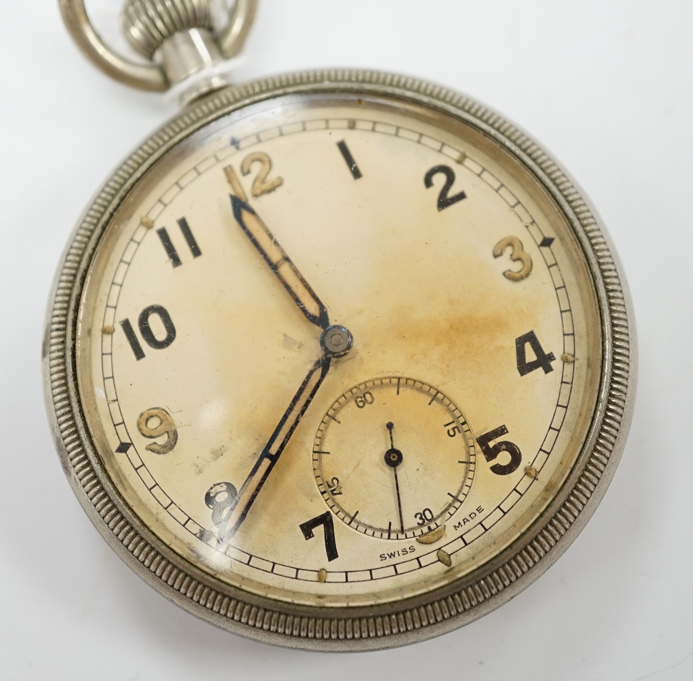 A military issue Swiss pocket watch, stamped to the reverse; GS/TP S 008448 with broad arrow.